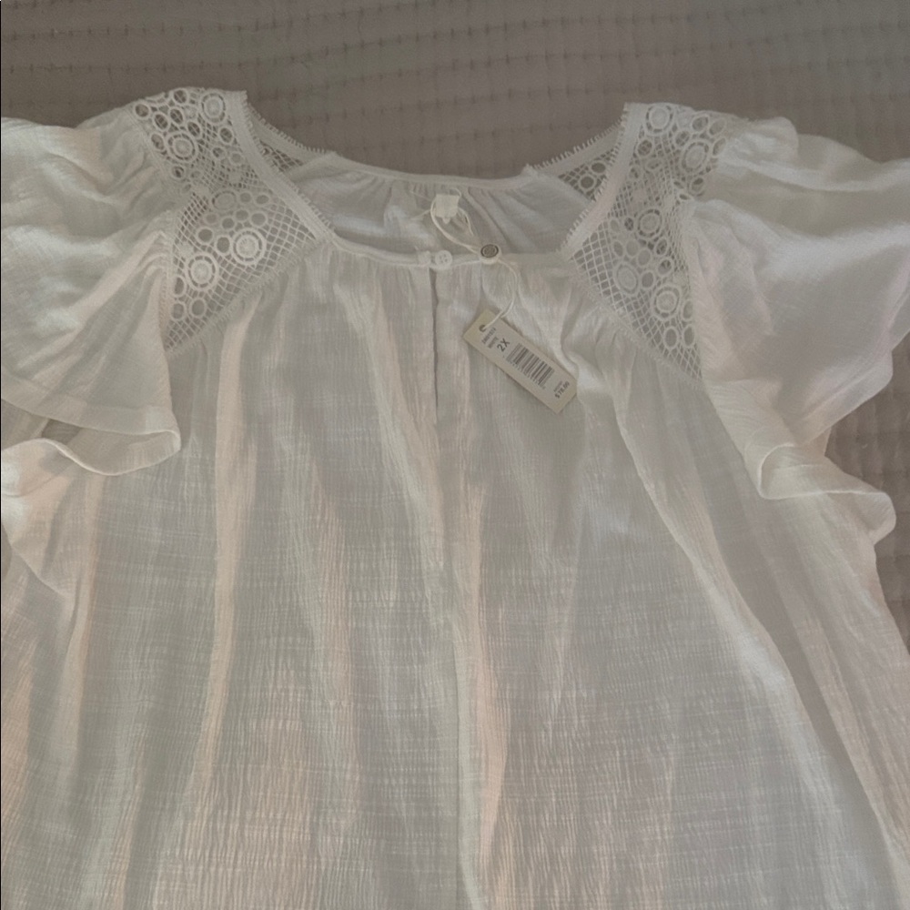 Max Studio White Crochet-Yoke Flutter Sleeve Blouse